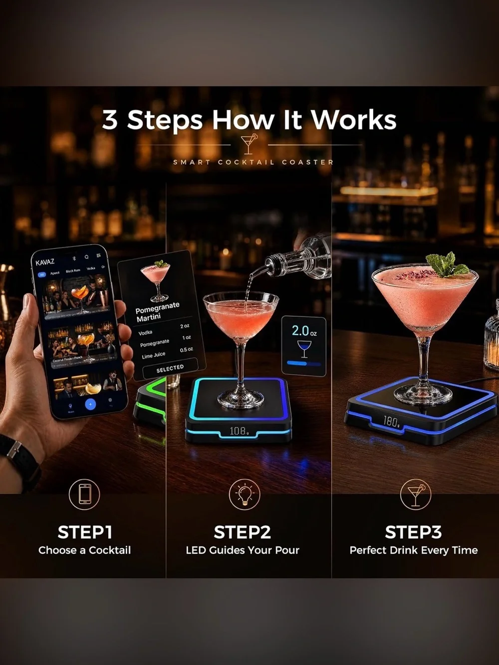 Smart Cocktail Coaster – App Guided Cocktail Maker with LED Pour Guidance